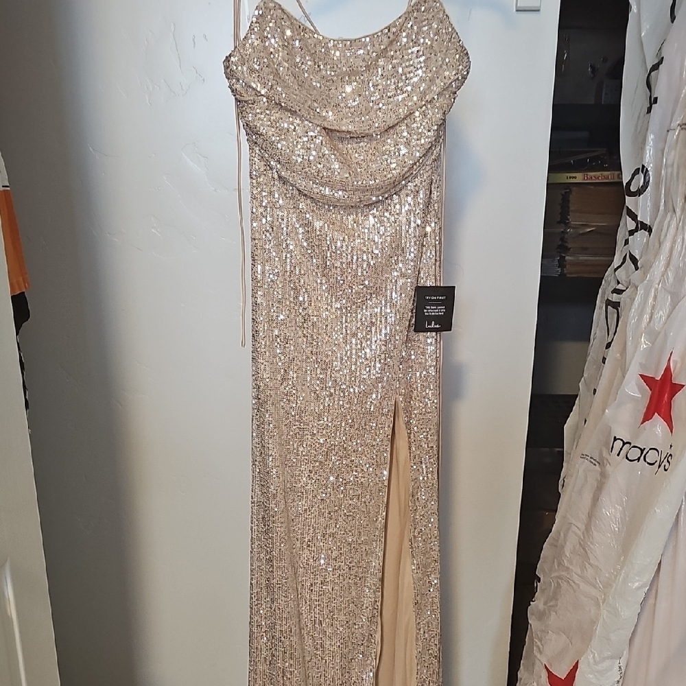 Lulu's Gold Backless Dress with High Slit and Sweetheart Neckline
